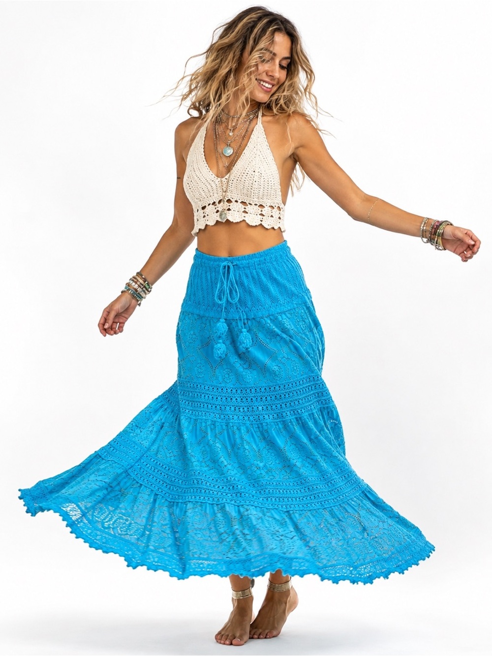 Me 2 Magic Turquoise Lace Boho Maxi Skirt Large Anthropologie Style Resortwear